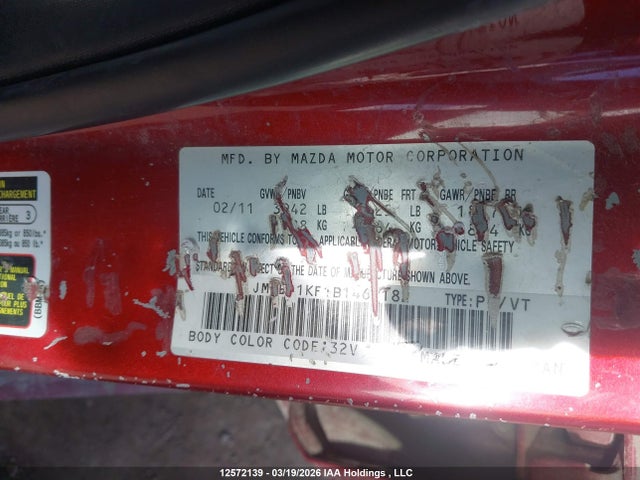 12572139 :رقم المزاد ، JM1BL1KF1B1469182 vin ، 2011 Mazda Mazda3 Gx مزاد بيع
