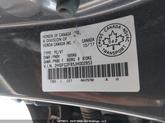 2HGFC2F85JH002853 Honda CIVIC EX
