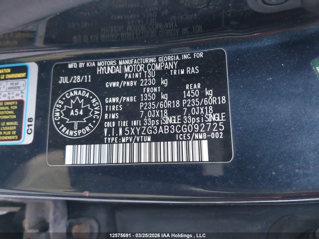 12575691 :رقم المزاد ، 5XYZG3AB3CG092725 vin ، 2012 Hyundai Santa Fe مزاد بيع