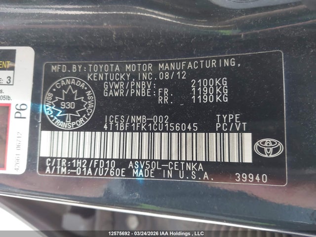 Продаж на аукціоні авто 2012 Toyota Camry Se/le/xle, vin: 4T1BF1FK1CU156045, номер лоту: 12575692