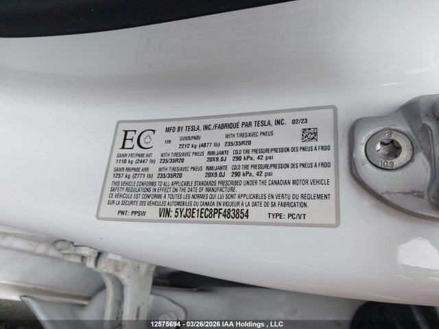 12575694 :رقم المزاد ، 5YJ3E1EC8PF483854 vin ، 2023 Tesla Model 3 Performance مزاد بيع