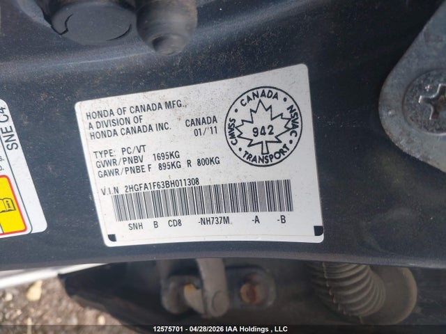 Продажа на аукционе авто 2011 Honda Civic, vin: 2HGFA1F63BH011308, номер лота: 12575701