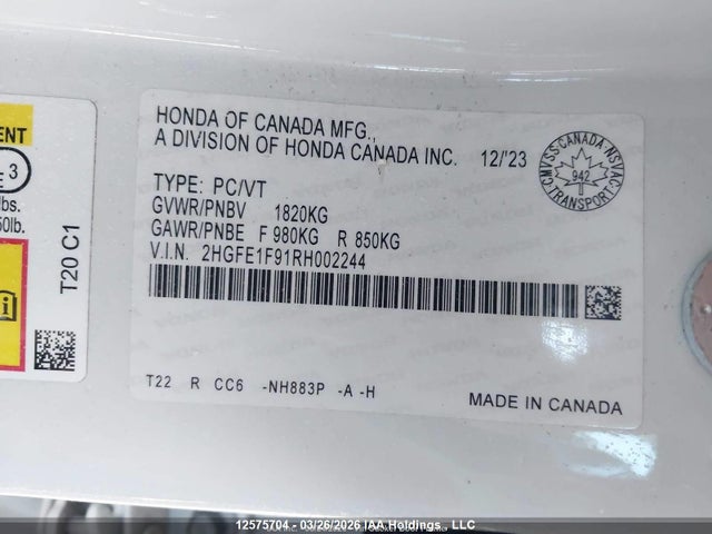 2024 Honda Civic Touring მანქანა იყიდება აუქციონზე, vin: 2HGFE1F91RH002244, აუქციონის ნომერი: 12575704