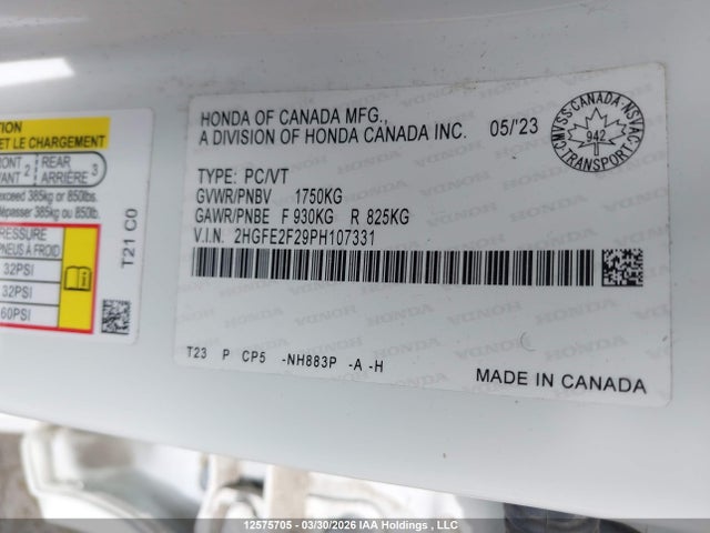 2023 Honda Civic Lx/lx-b მანქანა იყიდება აუქციონზე, vin: 2HGFE2F29PH107331, აუქციონის ნომერი: 12575705