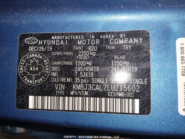 12575711 :رقم المزاد ، KM8J3CAL7LU215602 vin ، 2020 Hyundai Tucson Ultimate مزاد بيع