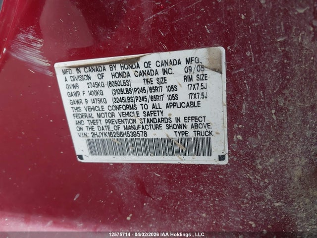 2006 Honda Ridgeline Rt მანქანა იყიდება აუქციონზე, vin: 2HJYK16256H539578, აუქციონის ნომერი: 12575714
