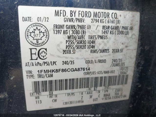 12575716 :رقم المزاد ، 1FMHK8F86CGA87614 vin ، 2012 Ford Explorer Limited مزاد بيع