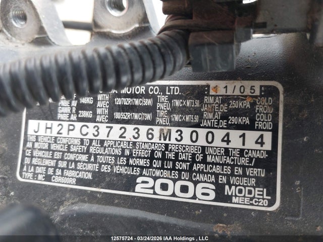2006 Honda Cbr600 Rr მანქანა იყიდება აუქციონზე, vin: JH2PC37236M300414, აუქციონის ნომერი: 12575724