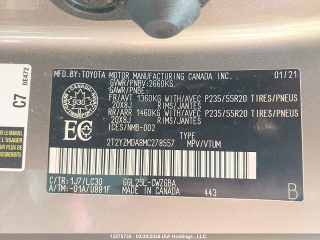 12575725 :رقم المزاد ، 2T2YZMDA8MC278557 vin ، 2021 Lexus Rx 350 F Sport مزاد بيع