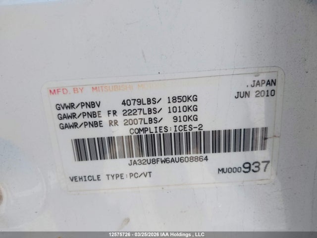 Aukcja sprzedaży 2010 Mitsubishi Lancer Gts, vin: JA32U8FW6AU608864, numer aukcji: 12575726