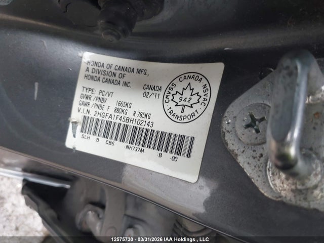 2011 Honda Civic Dx-g მანქანა იყიდება აუქციონზე, vin: 2HGFA1F45BH102143, აუქციონის ნომერი: 12575730