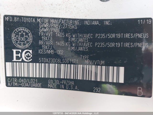 5TDXZ3DC6LS061171 Toyota Sienna Se 8-passenger