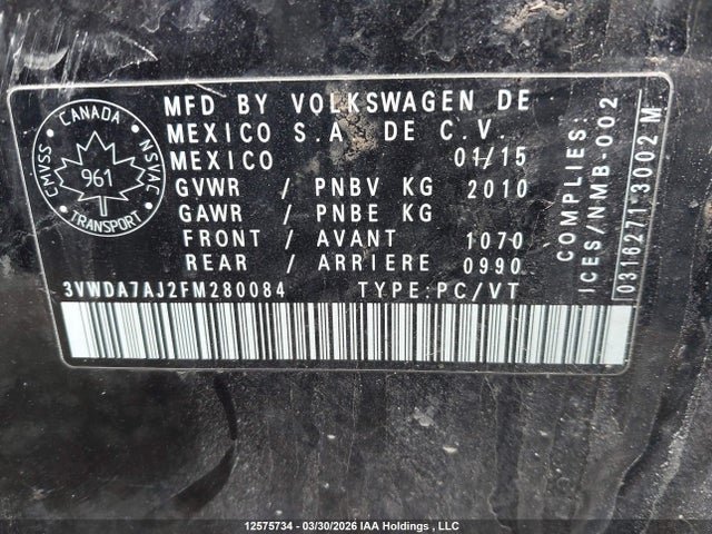 Продажа на аукционе авто 2015 Volkswagen Jetta Tdi, vin: 3VWDA7AJ2FM280084, номер лота: 12575734