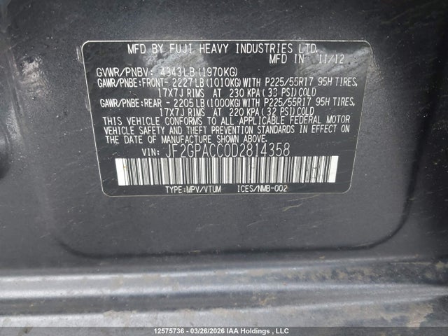 12575736 :رقم المزاد ، JF2GPACC0D2814358 vin ، 2013 Subaru Xv Crosstrek Sport Package/touring مزاد بيع