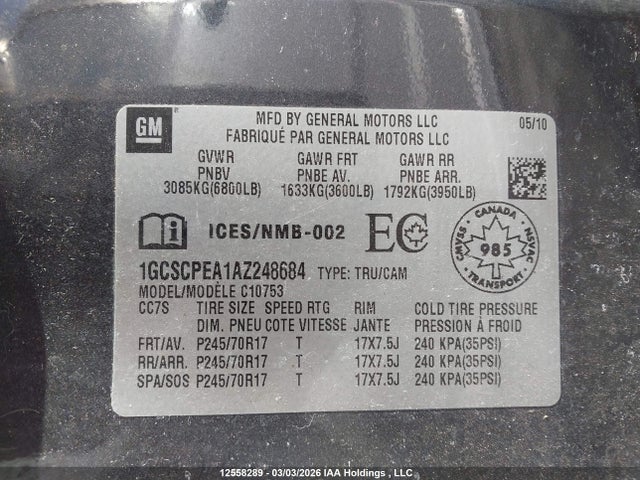 2010 Chevrolet Silverado 1500 Wt მანქანა იყიდება აუქციონზე, vin: 1GCSCPEA1AZ248684, აუქციონის ნომერი: 12558289