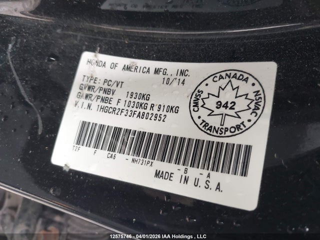 Aukcja sprzedaży 2015 Honda Accord Lx, vin: 1HGCR2F33FA802952, numer aukcji: 12575746