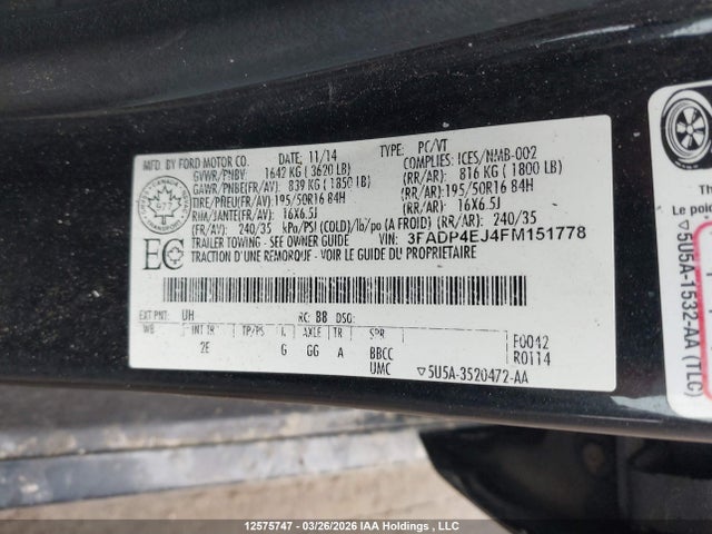 Продажа на аукционе авто 2015 Ford Fiesta Se, vin: 3FADP4EJ4FM151778, номер лота: 12575747