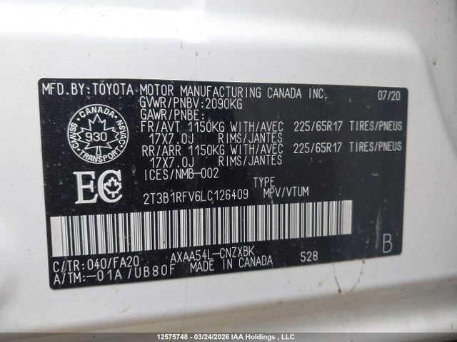 Продажа на аукционе авто 2020 Toyota Rav4 Le, vin: 2T3B1RFV6LC126409, номер лота: 12575748