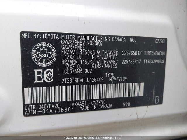 Продажа на аукционе авто 2020 Toyota Rav4 Le, vin: 2T3B1RFV6LC126409, номер лота: 12575748