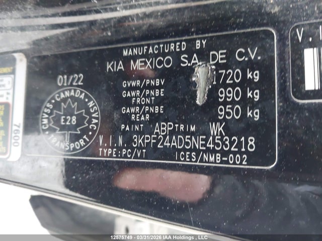 3KPF24AD5NE453218 KIA FORTE LX