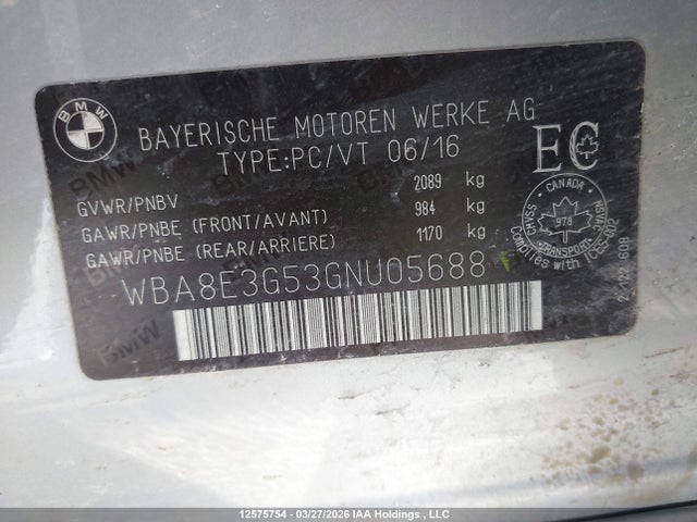 Aukcja sprzedaży 2016 Bmw 328 Xi Sulev, vin: WBA8E3G53GNU05688, numer aukcji: 12575754