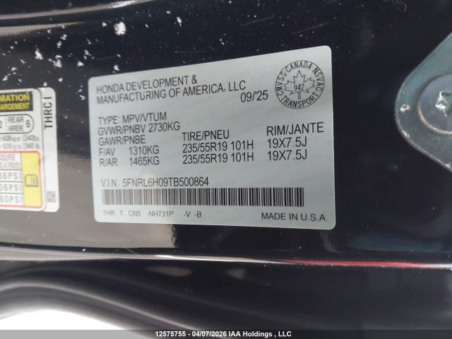 5FNRL6H09TB500864 Honda Odyssey Black Edition