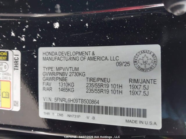 5FNRL6H09TB500864 Honda Odyssey Black Edition