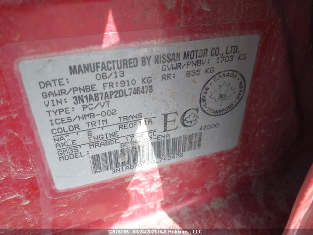 Продажа на аукционе авто 2013 Nissan Sentra, vin: 3N1AB7AP2DL746478, номер лота: 12575756