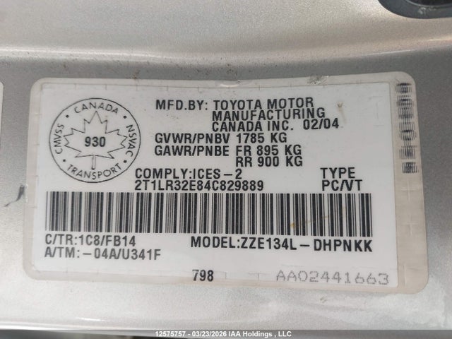2004 Toyota Matrix Xr მანქანა იყიდება აუქციონზე, vin: 2T1LR32E84C829889, აუქციონის ნომერი: 12575757