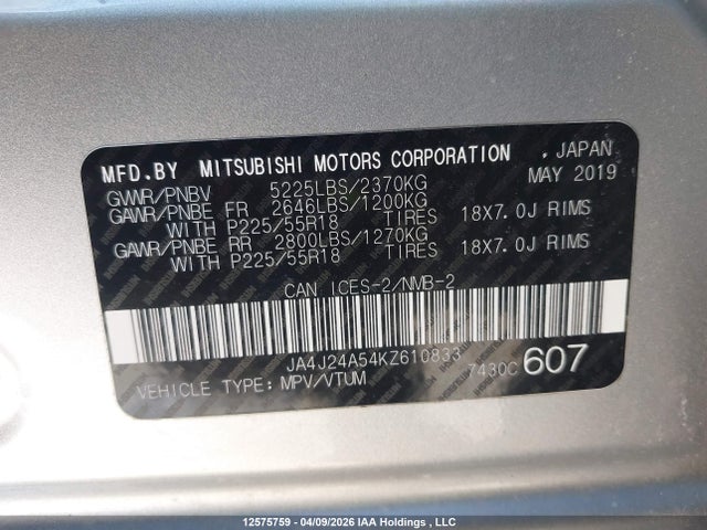 Aukcja sprzedaży 2019 Mitsubishi Outlander Sel/gt, vin: JA4J24A54KZ610833, numer aukcji: 12575759