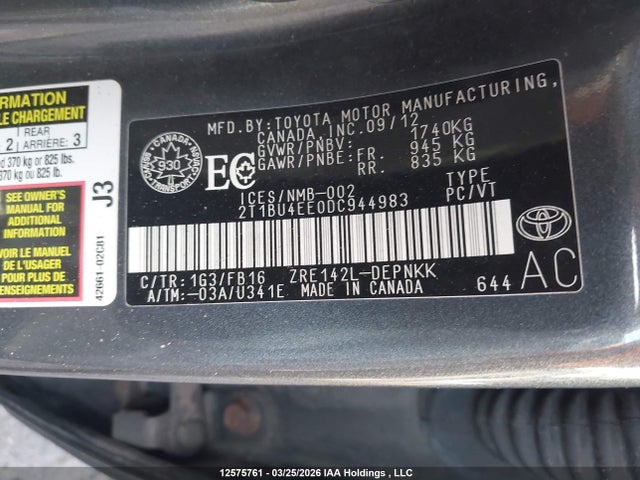 12575761 :رقم المزاد ، 2T1BU4EE0DC944983 vin ، 2013 Toyota Corolla Le مزاد بيع