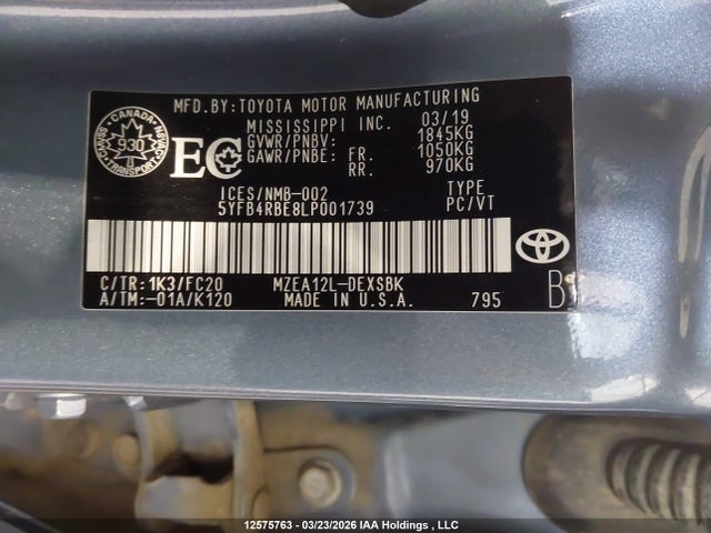 12575763 :رقم المزاد ، 5YFB4RBE8LP001739 vin ، 2020 Toyota Corolla Se/xse مزاد بيع