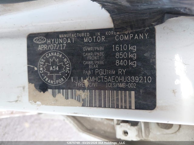 KMHCT5AE0HU339210 Hyundai ACCENT SE