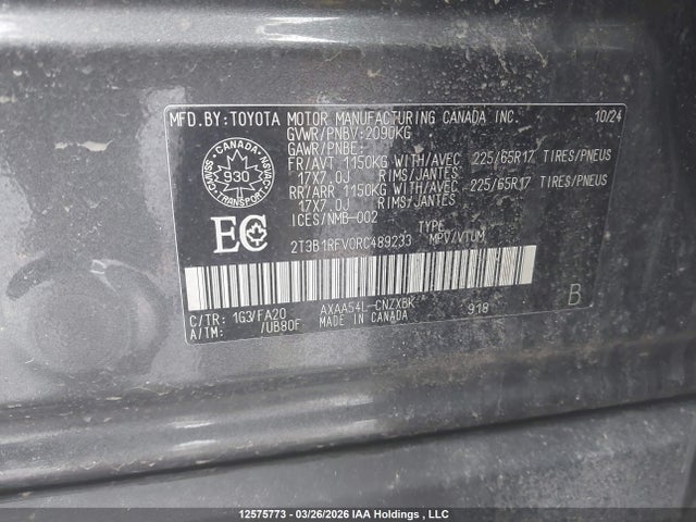 2024 Toyota Rav4 Le მანქანა იყიდება აუქციონზე, vin: 2T3B1RFV0RC489233, აუქციონის ნომერი: 12575773