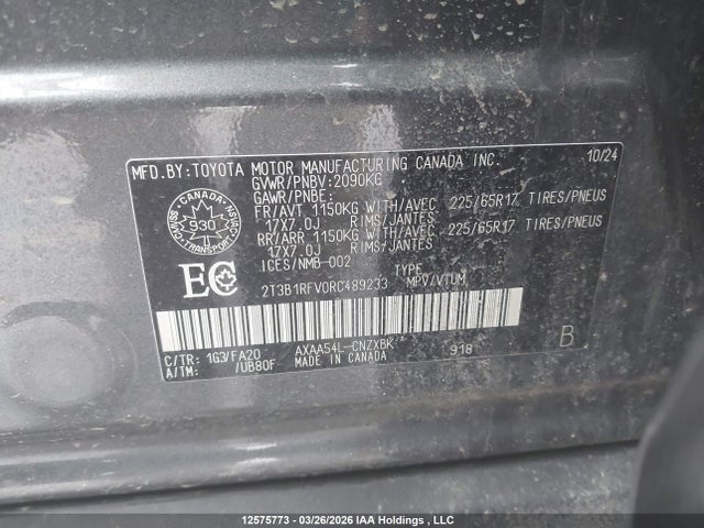 2024 Toyota Rav4 Le მანქანა იყიდება აუქციონზე, vin: 2T3B1RFV0RC489233, აუქციონის ნომერი: 12575773