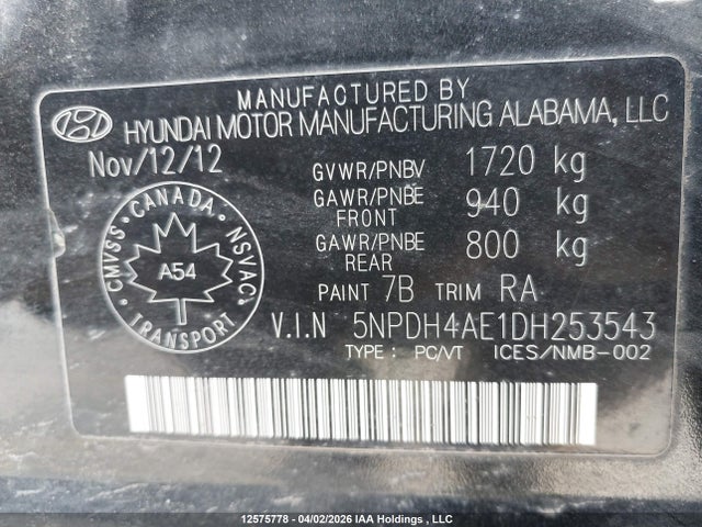 12575778 :رقم المزاد ، 5NPDH4AE1DH253543 vin ، 2013 Hyundai Elantra مزاد بيع