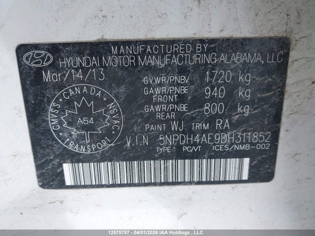 12575787 :رقم المزاد ، 5NPDH4AE9DH311852 vin ، 2013 Hyundai Elantra Gl مزاد بيع
