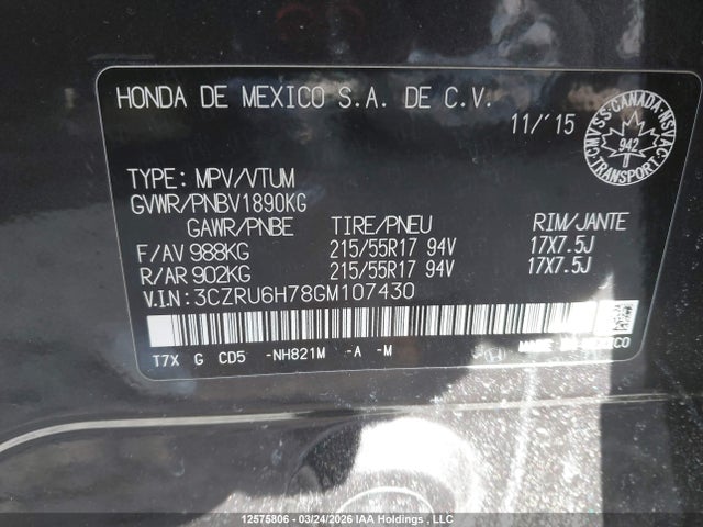 3CZRU6H78GM107430 Honda Hr-v Ex-l