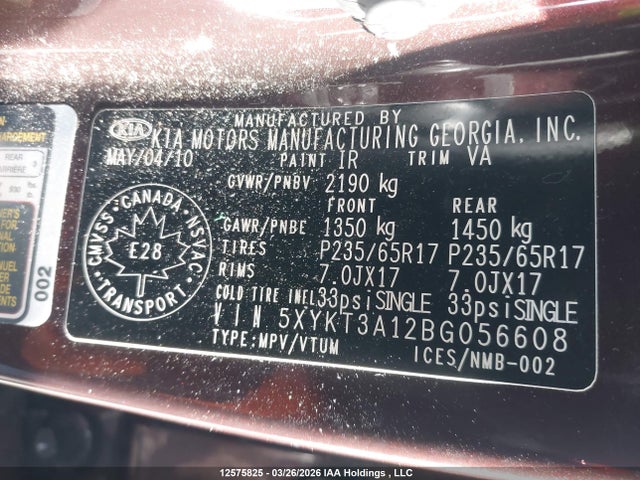 Aukcja sprzedaży 2011 Kia Sorento Lx, vin: 5XYKT3A12BG056608, numer aukcji: 12575825