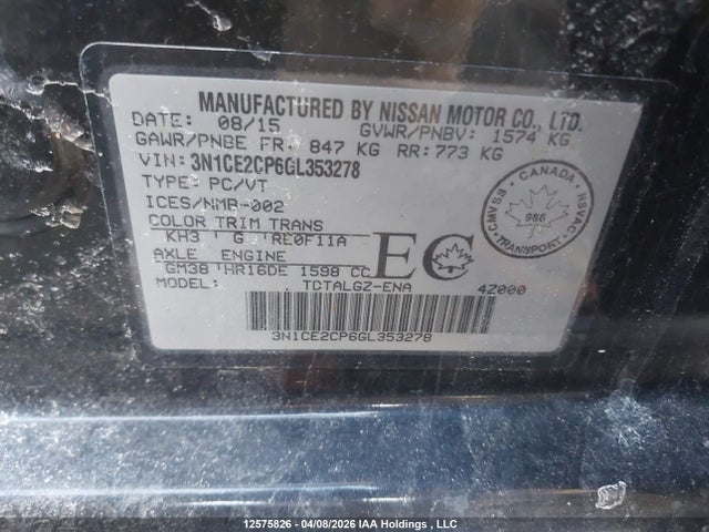 12575826 :رقم المزاد ، 3N1CE2CP6GL353278 vin ، 2016 Nissan Versa Note S/s Plus/sv/sl/sr مزاد بيع