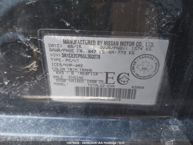 12575826 :رقم المزاد ، 3N1CE2CP6GL353278 vin ، 2016 Nissan Versa Note S/s Plus/sv/sl/sr مزاد بيع