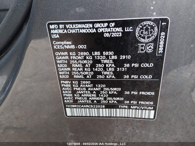 12575848 :رقم المزاد ، 1V2BR2CAXRC522028 vin ، 2024 Volkswagen Atlas مزاد بيع