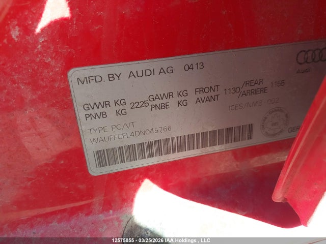 12575855 :رقم المزاد ، WAUFFCFL4DN045766 vin ، 2013 Audi A4 2.0t Premium مزاد بيع
