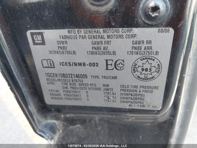 Aukcja sprzedaży 2007 Chevrolet Silverado 1500, vin: 1GCEK19B07Z146009, numer aukcji: 12575874