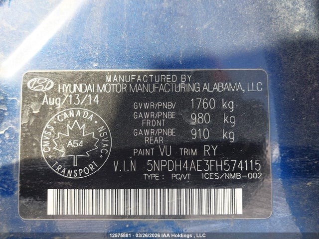 Продаж на аукціоні авто 2015 Hyundai Elantra Gl, vin: 5NPDH4AE3FH574115, номер лоту: 12575881