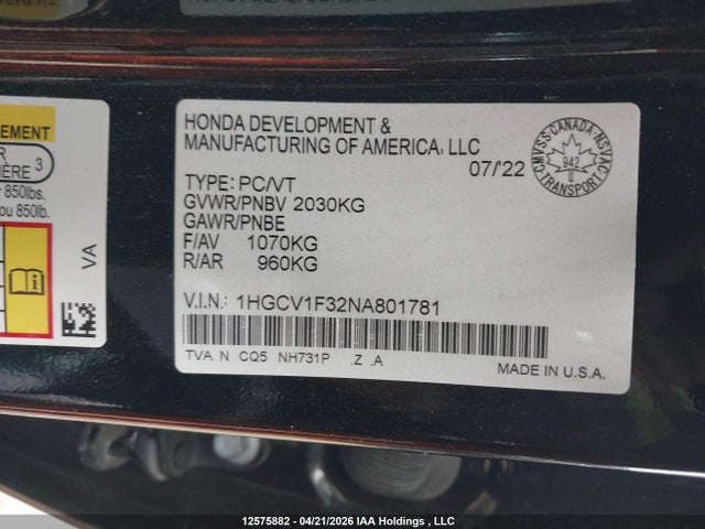 1HGCV1F32NA801781 Honda Accord