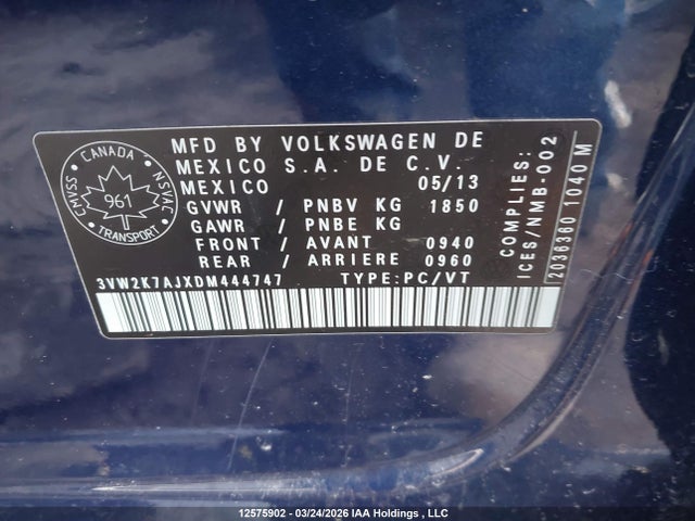 12575902 :رقم المزاد ، 3VW2K7AJXDM444747 vin ، 2013 Volkswagen Jetta 2.0l Trendline/2.0l Trendline+ مزاد بيع