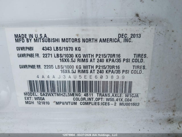 Продажа на аукционе авто 2014 Mitsubishi Rvr, vin: 4A4AJ3AU5EE603839, номер лота: 12575904