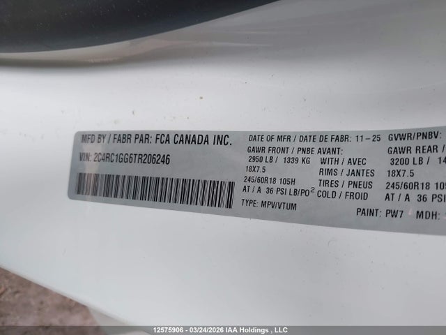12575906 :رقم المزاد ، 2C4RC1GG6TR206246 vin ، 2026 Chrysler Pacifica Limited مزاد بيع