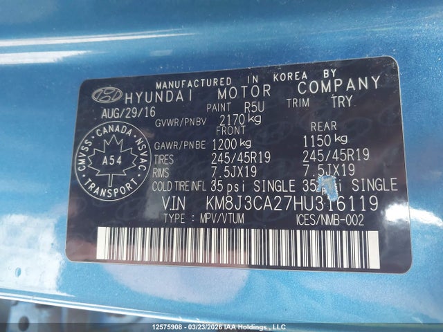 KM8J3CA27HU316119 Hyundai Tucson Limited